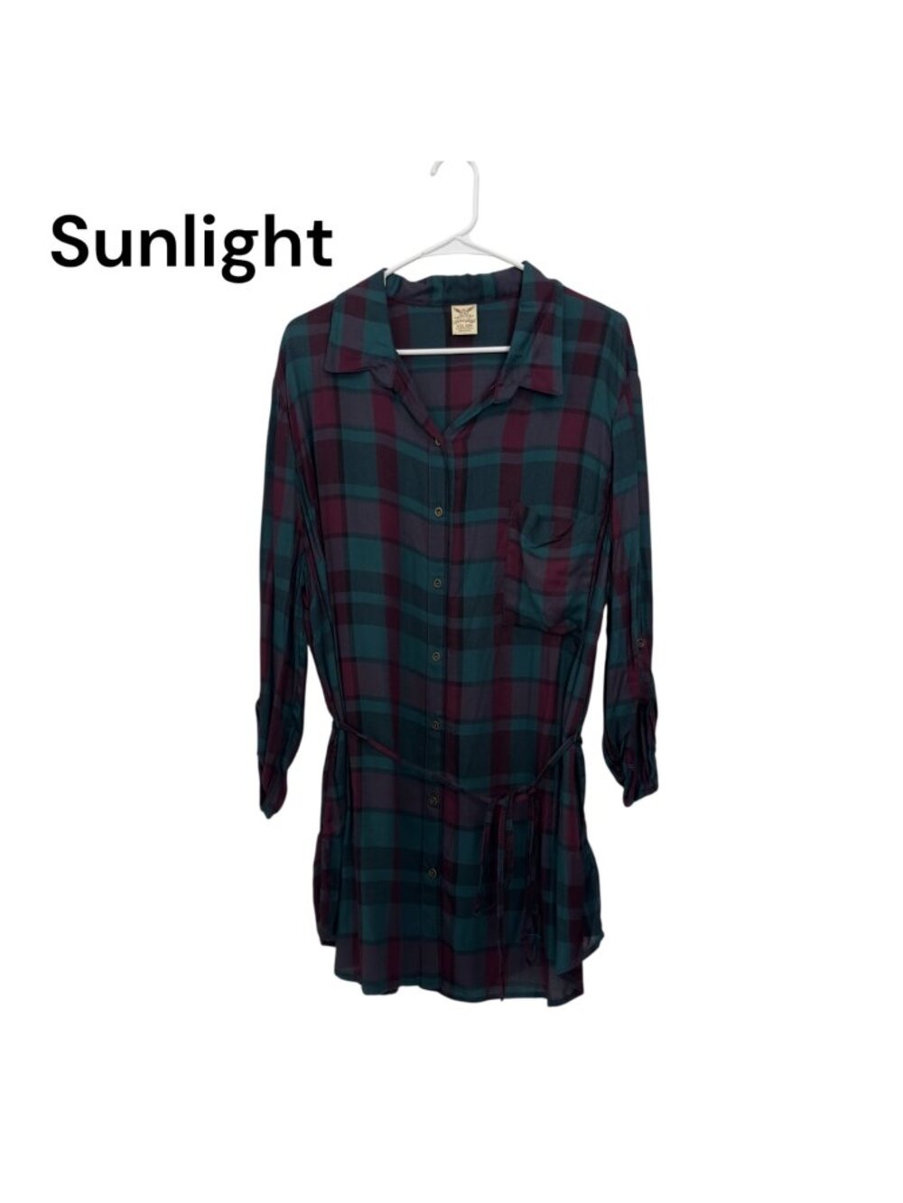 Faded Glory Womens Plaid Tunic Shirt SZ XXL (20)Teal & Burgundy Adj Waist Tie
